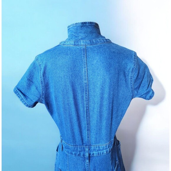 Project/Rebel Stretch Denim Jumpsuit Womens Flare Leg Blue Zip Short Sleeve Sz M - Picture 2 of 11